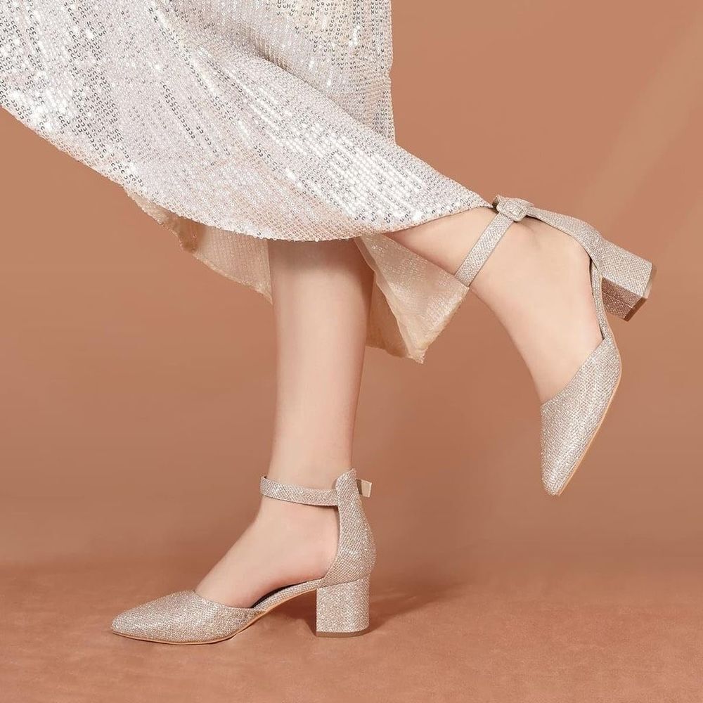 Ankis Sparkling Ankle-Strap Block Heel Sandals - Champagne